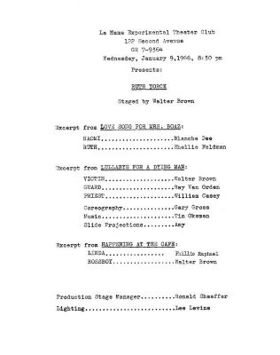 Program For "La MaMa Experimental Theater Club Presents: Ruth Yorck, Staged By Walter Brown" (1966)